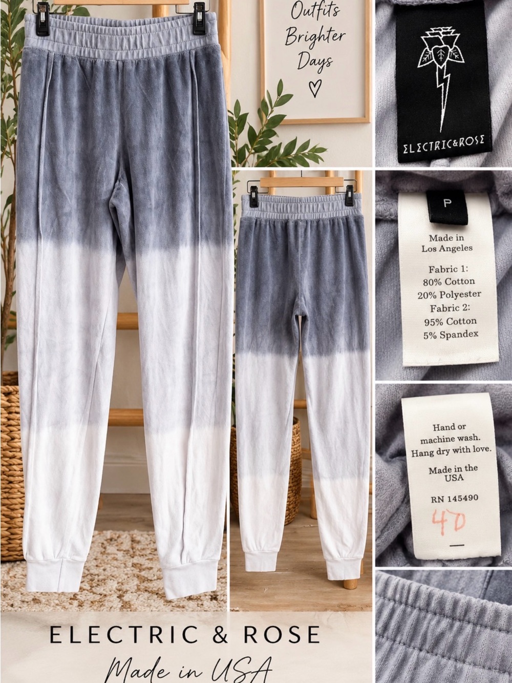 Electric & Rose Gray White Ombré Dip Dye Jogger Sweatpants Made in USA Sz P